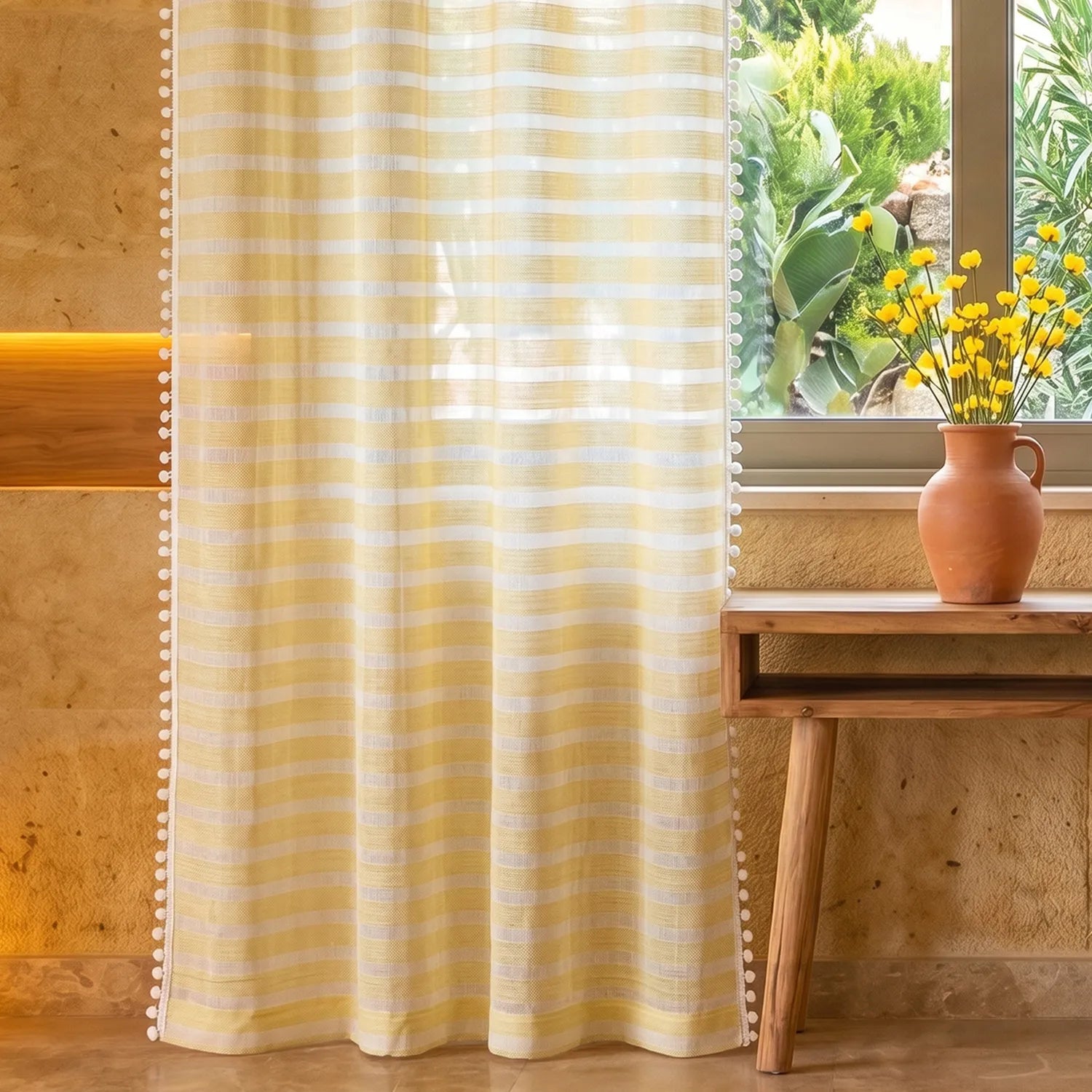 Aari Collection Embriodered Sheer Curtains, 35-40 % Light Filtering Curtains - Pack of 2 - Horizontal Weaves Yellow