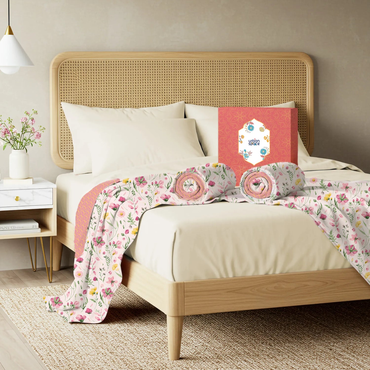 2 Single Bed Malmal Cotton Dohars in a Gift Box, Meadows Pink