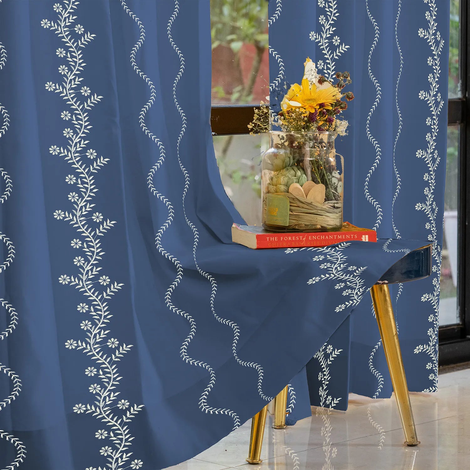 Solara Indigo Cotton Embroidered Curtain – Pack of 1