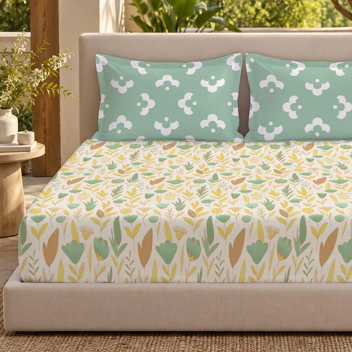 Divine Collection - Cotton Bedsheet With 2 Pillow Covers, Mist Mint Green