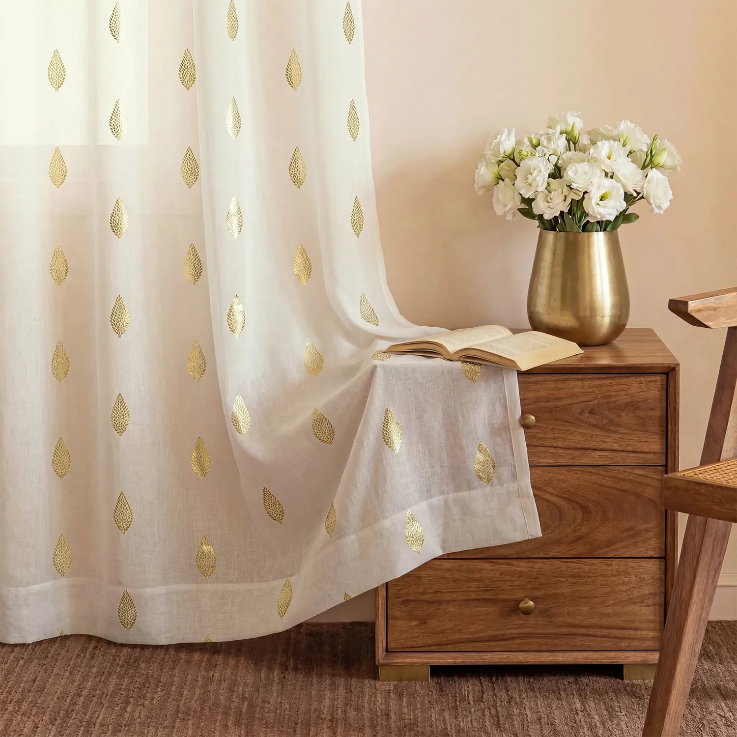 Linen Textured Metallic Gold Foil Sheer Curtains, Pack of 2 Curtains - Vanya Buttercream