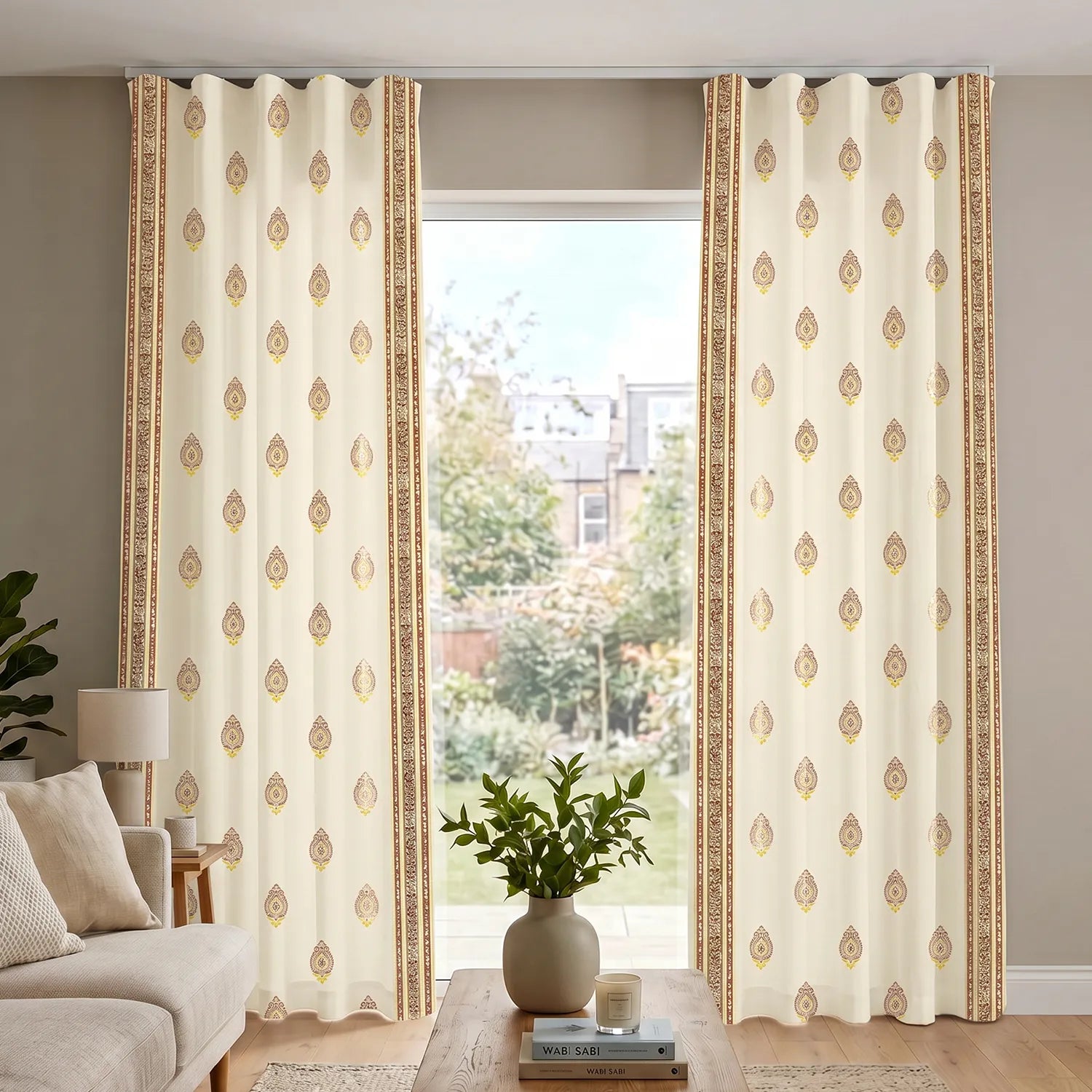 100% Cotton Curtains for Living Room, Bedroom curtains with Track Channel - Pack of 2 curtains, Zari Buta Brown Gold