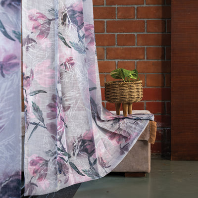 Sheer Curtains, Linen Textured & Digital Printed, Pack of 2 - Winter Crocus Pink