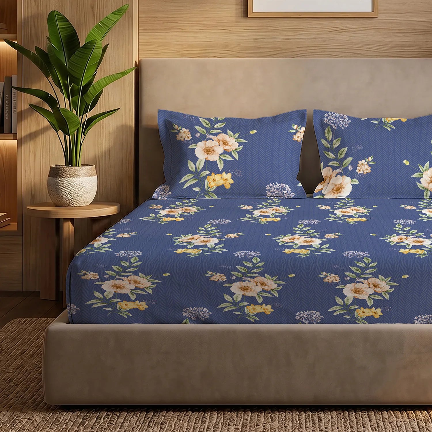 200 TC Glaced Cotton Microfiber Bedsheet with Pillow Covers - Twilight Bloom