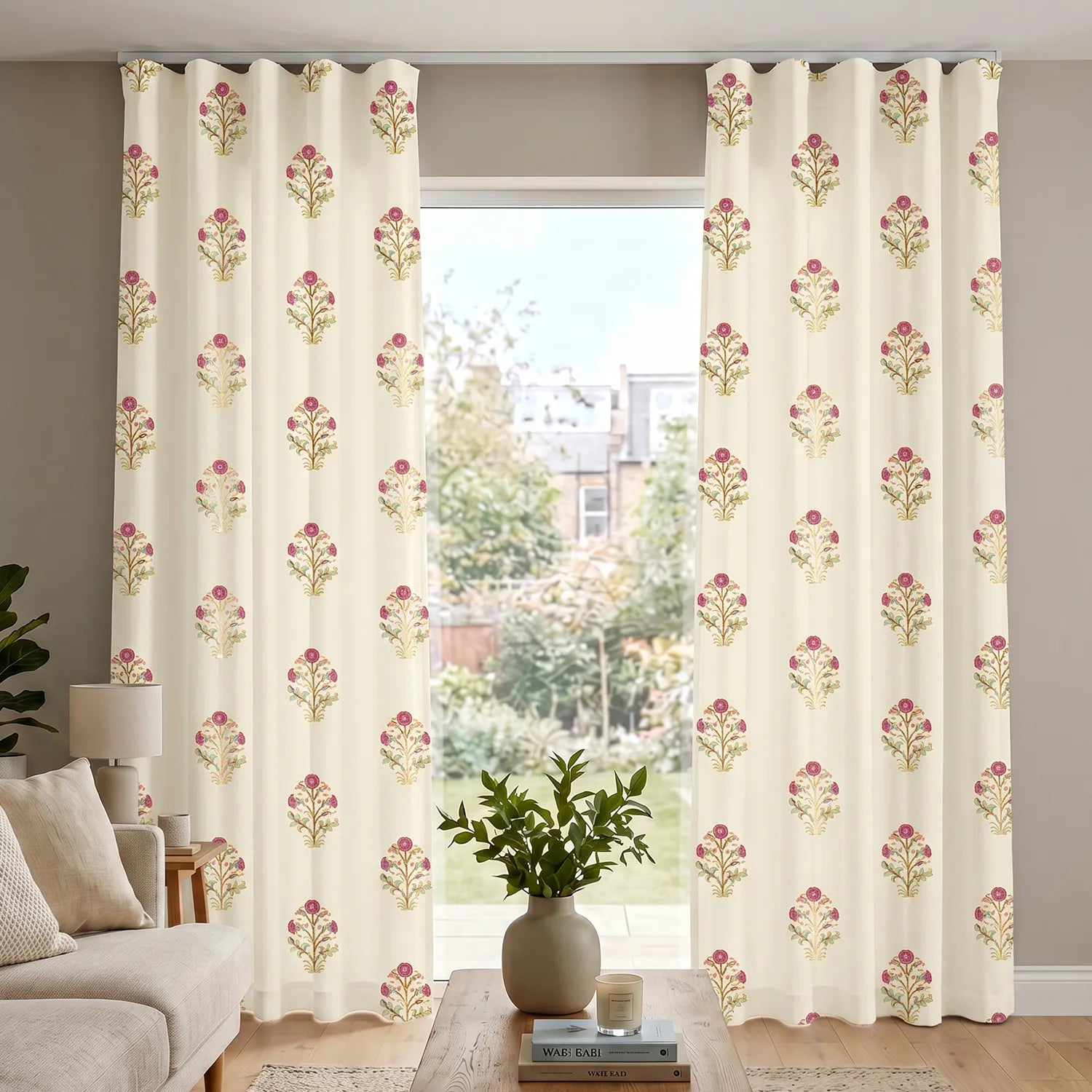 100% Cotton Curtains for Living Room, Bedroom curtains with Track Channel - Pack of 2 curtains, Zari Mohar Pink Gold
