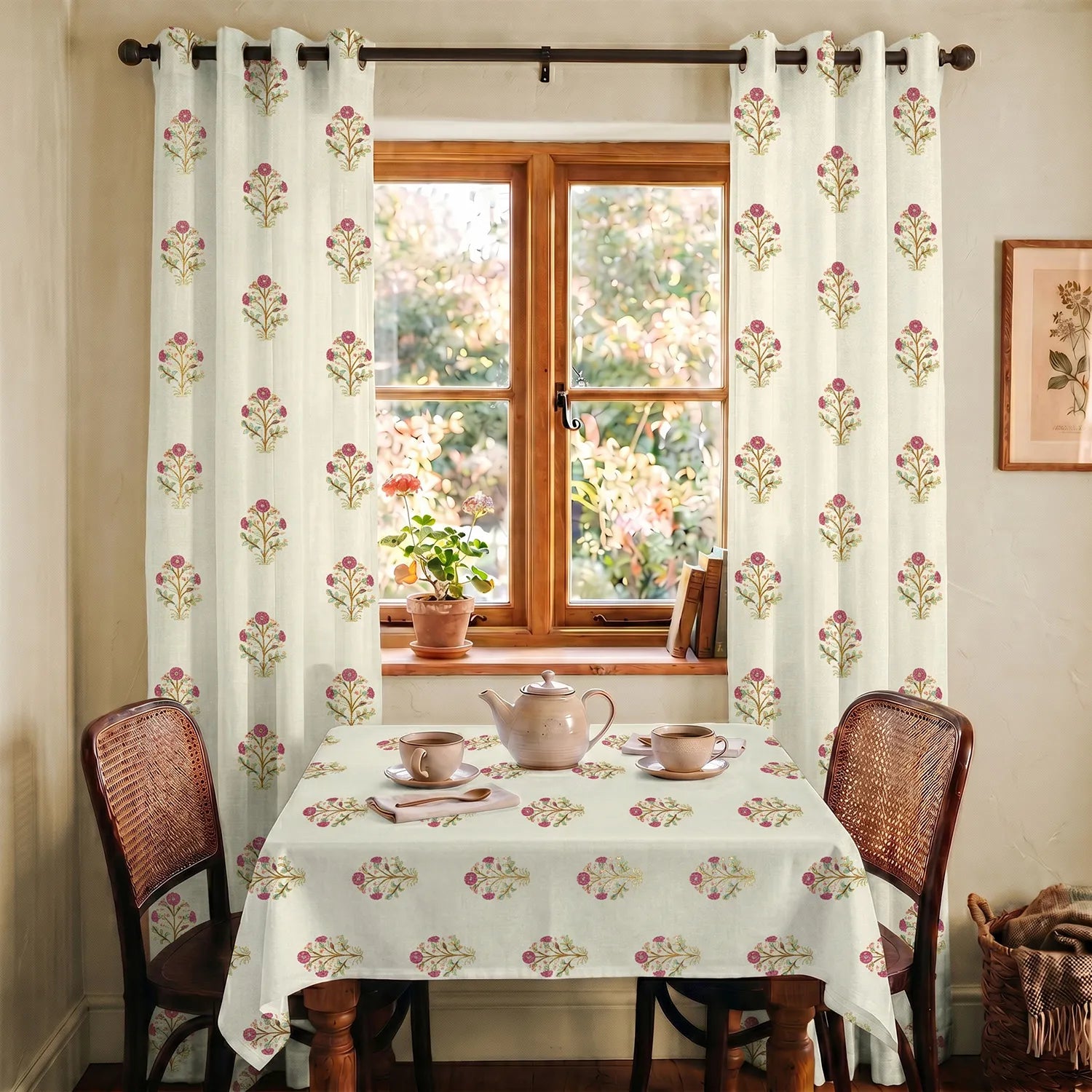 100% Cotton Pack of 2 Curtains & Table Cover Combo for Living Room - Zari Mohar Pink