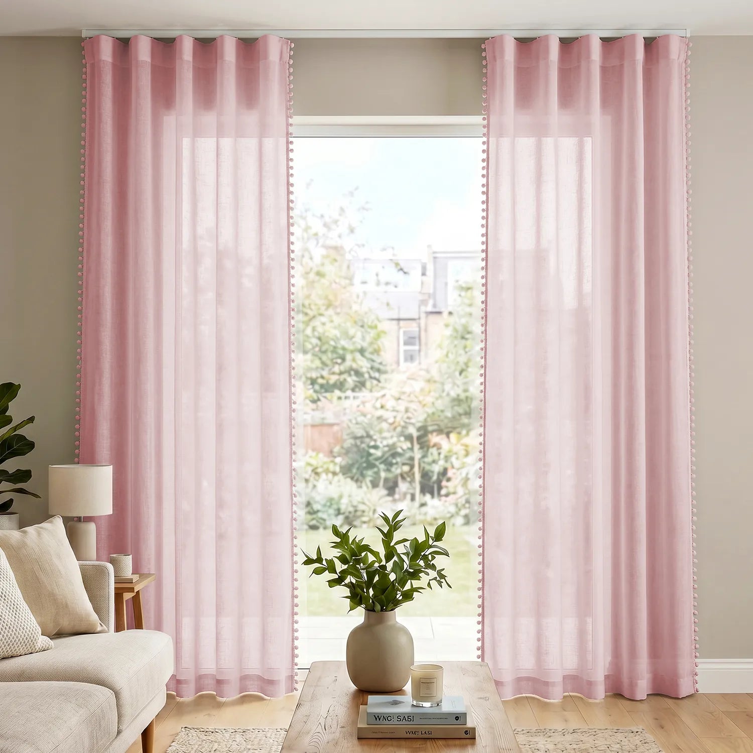 Sheer Curtain for Living Room with linen texture & Track Channel, Net Curtain for balcony, Pack of 2 Curtains -  Blush Pink with pom pom
