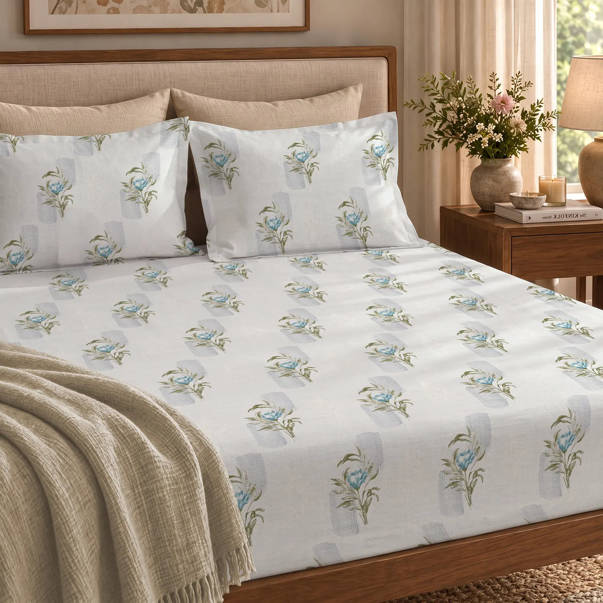 220 TC Cotton Percale Bedsheet with Pillow Covers - Winter Breeze Blue