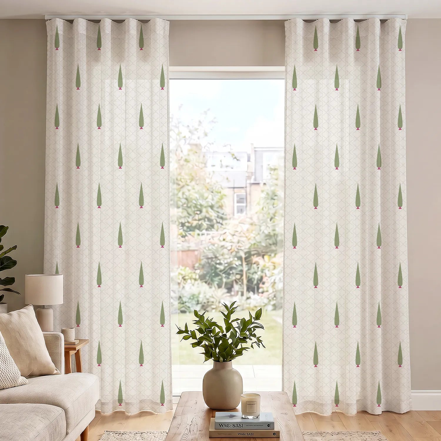 Printed Sheer Linen Curtains with Track Channel, Light Filtering, Pack of 2 Curtains - Pinewood