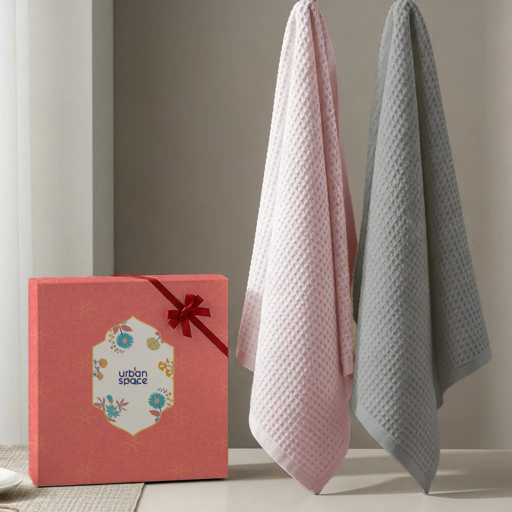 2 Bath towel in Gift Box, Grey & Pink