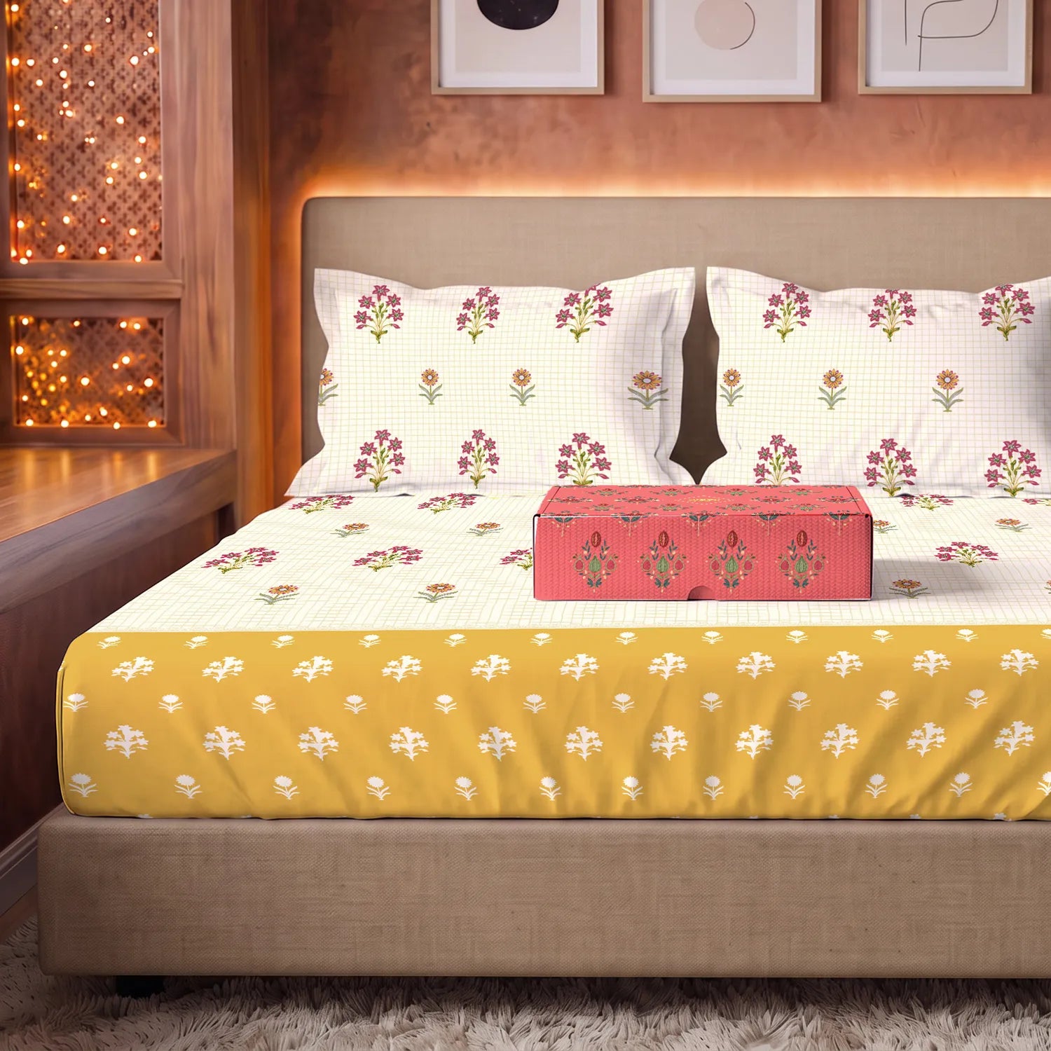 144 TC 100% Cotton Bedsheet Set in Gift Box - Magnolia Yellow