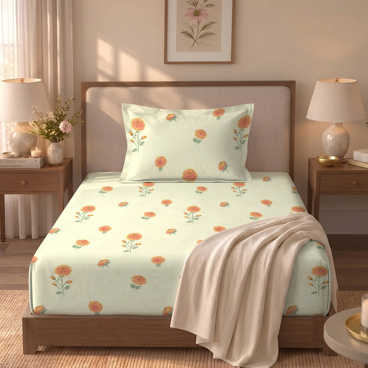 Serene 300 TC 100% Cotton Single Bedsheet with Pillow Covers - Postcard Home Peach