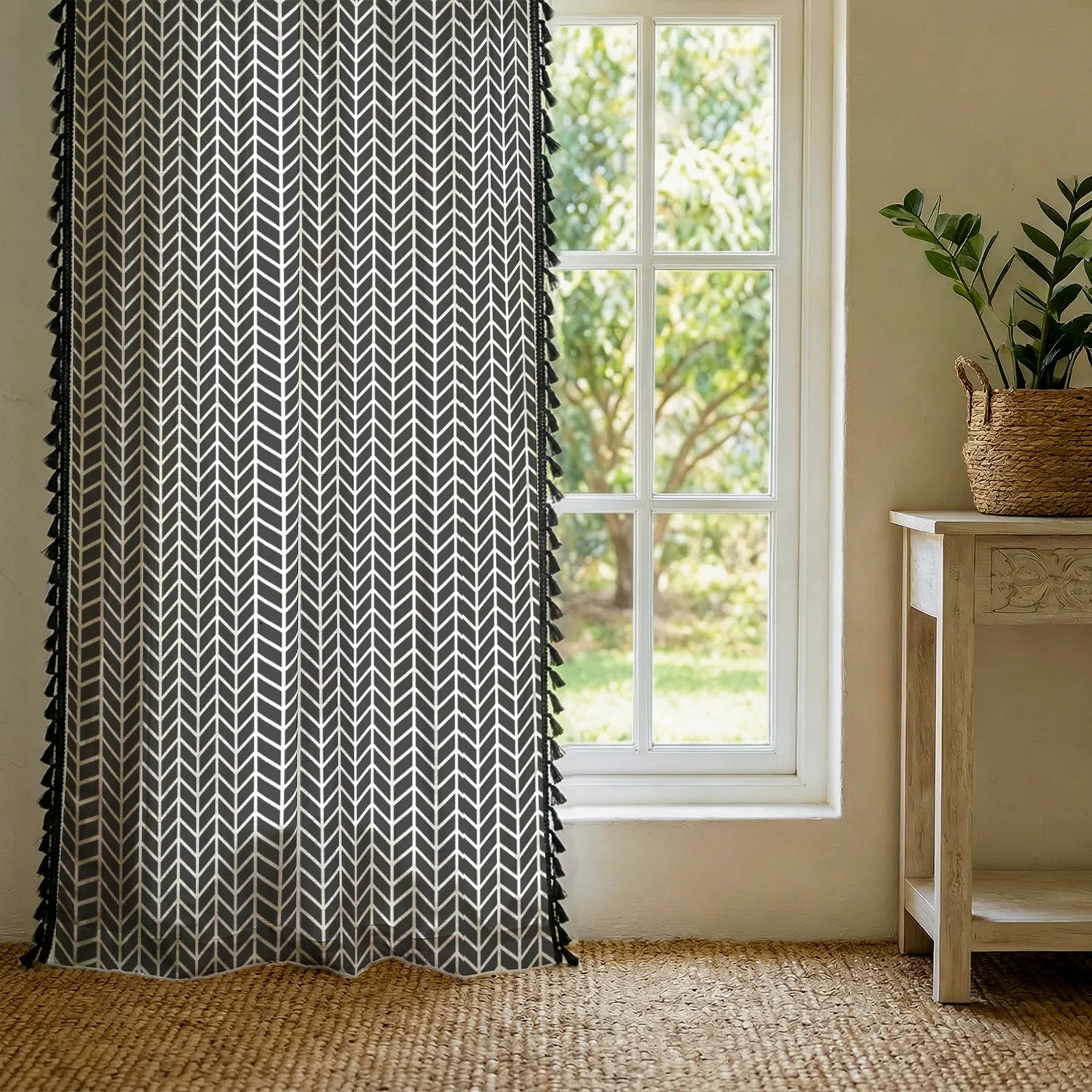 100% Cotton Room Darkening Curtains, Pack of 1 Curtain - Bohemian Herringbone Grey