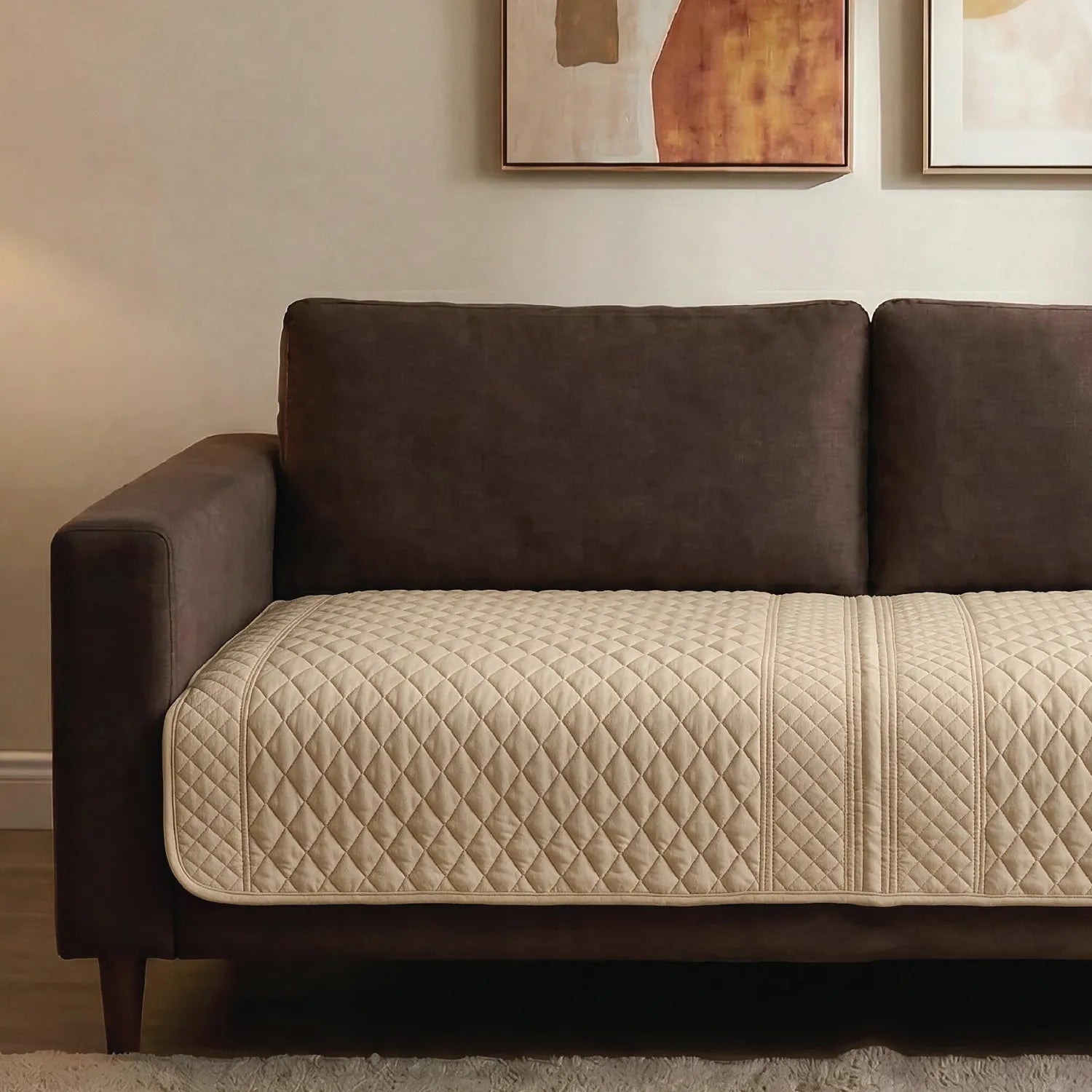 Anti Skid Quilted Velvet Sofa Mats, Box Grid - Honeycomb Beige