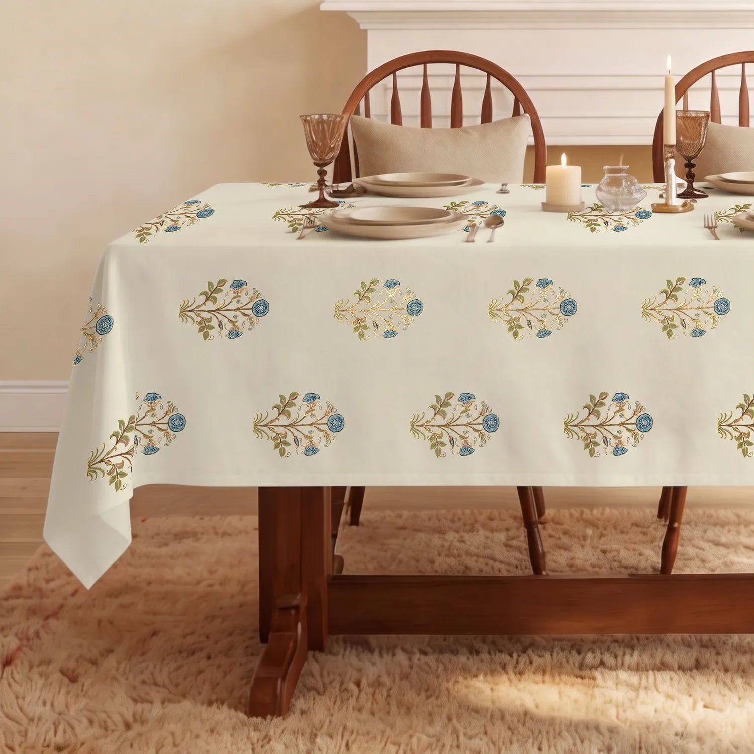 100% Cotton Table cloth/ table cover for 4 or 6 seater Dining / Centre Table - Zari Mohar Blue Gold