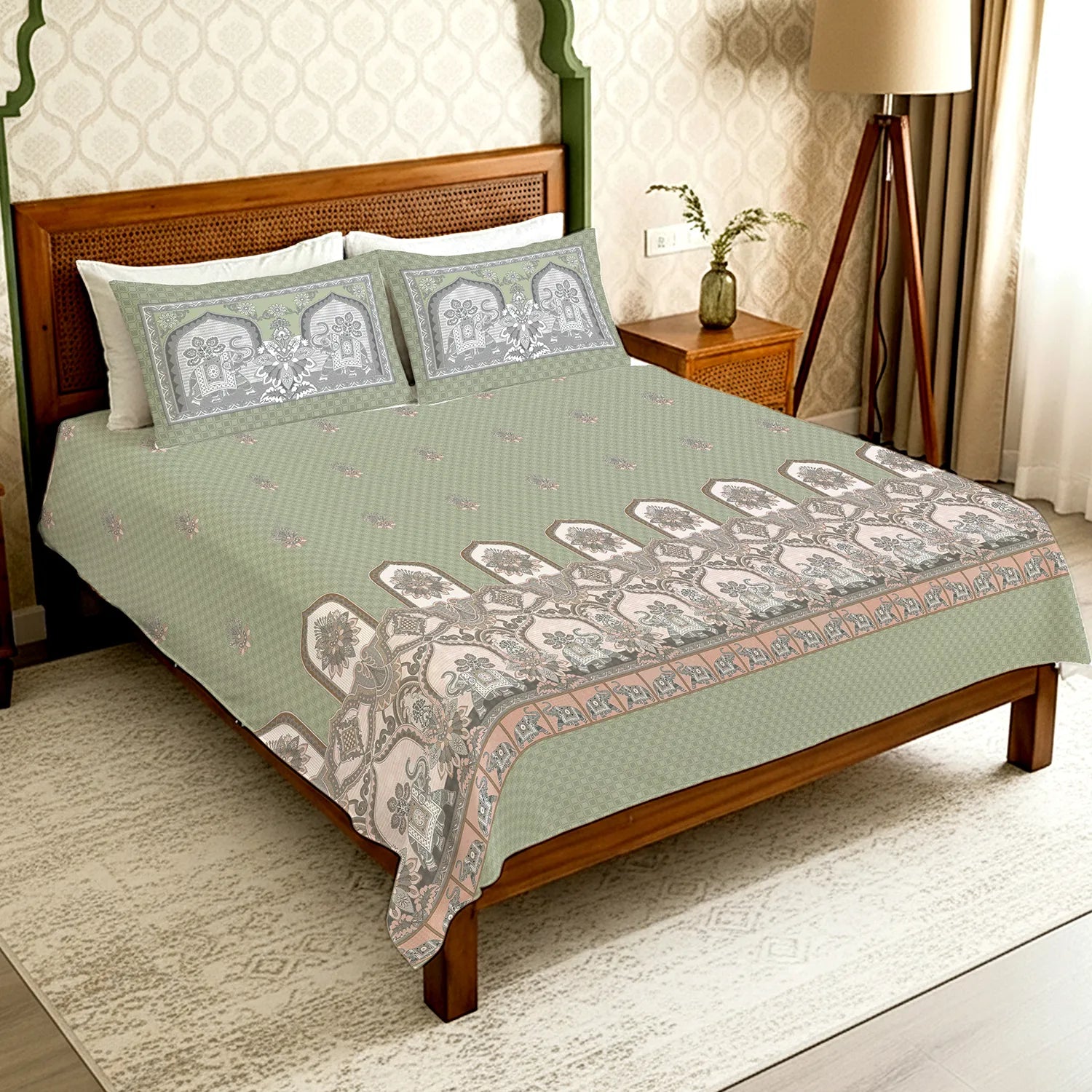 Serene 300 TC 100% Cotton Bedsheet with Pillow Covers, Panel Design - Vanraj Sage Green