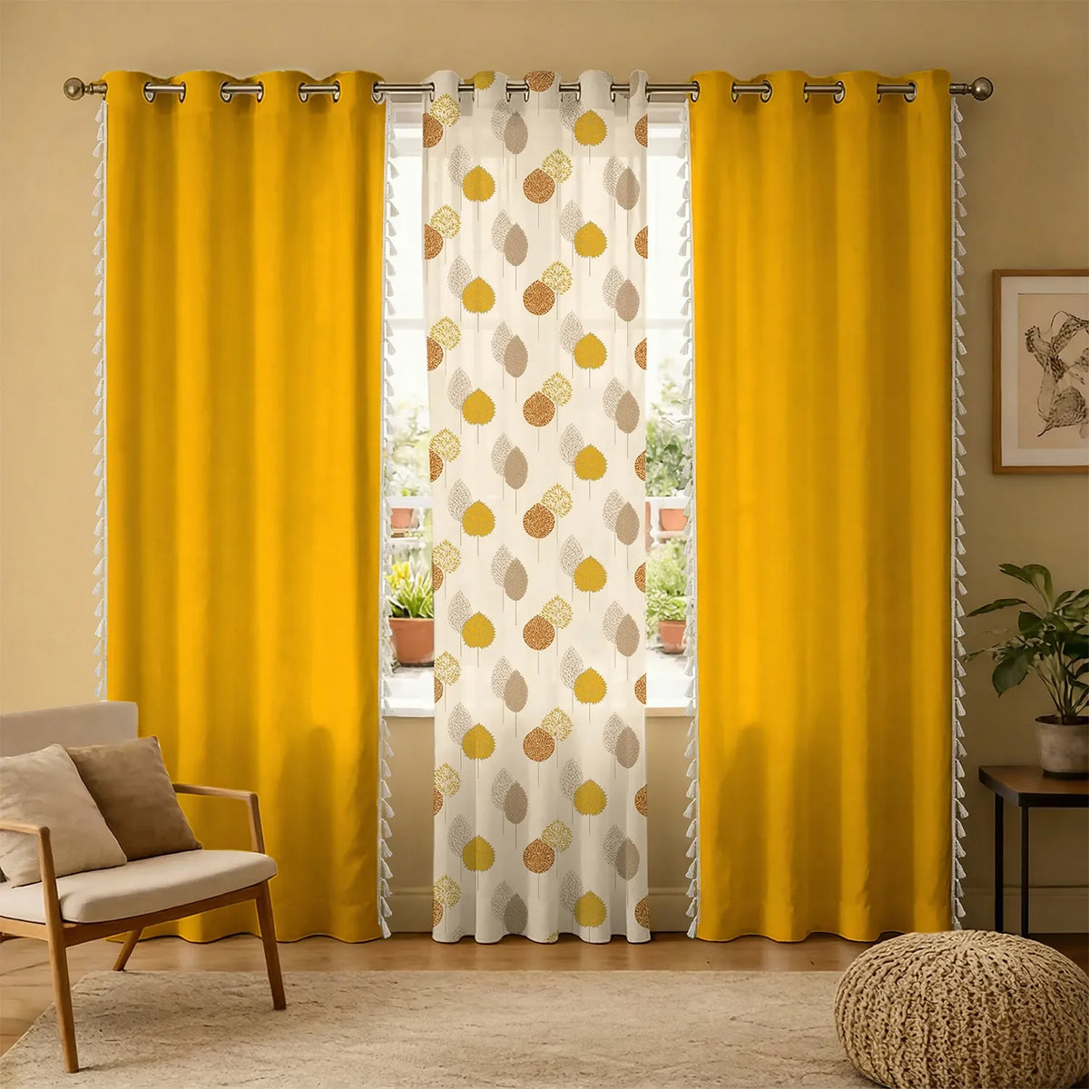Mustard yellow cotton blackout curtains with white sheer curtains featuring mustard and grey leaf patterns, metal grommets.