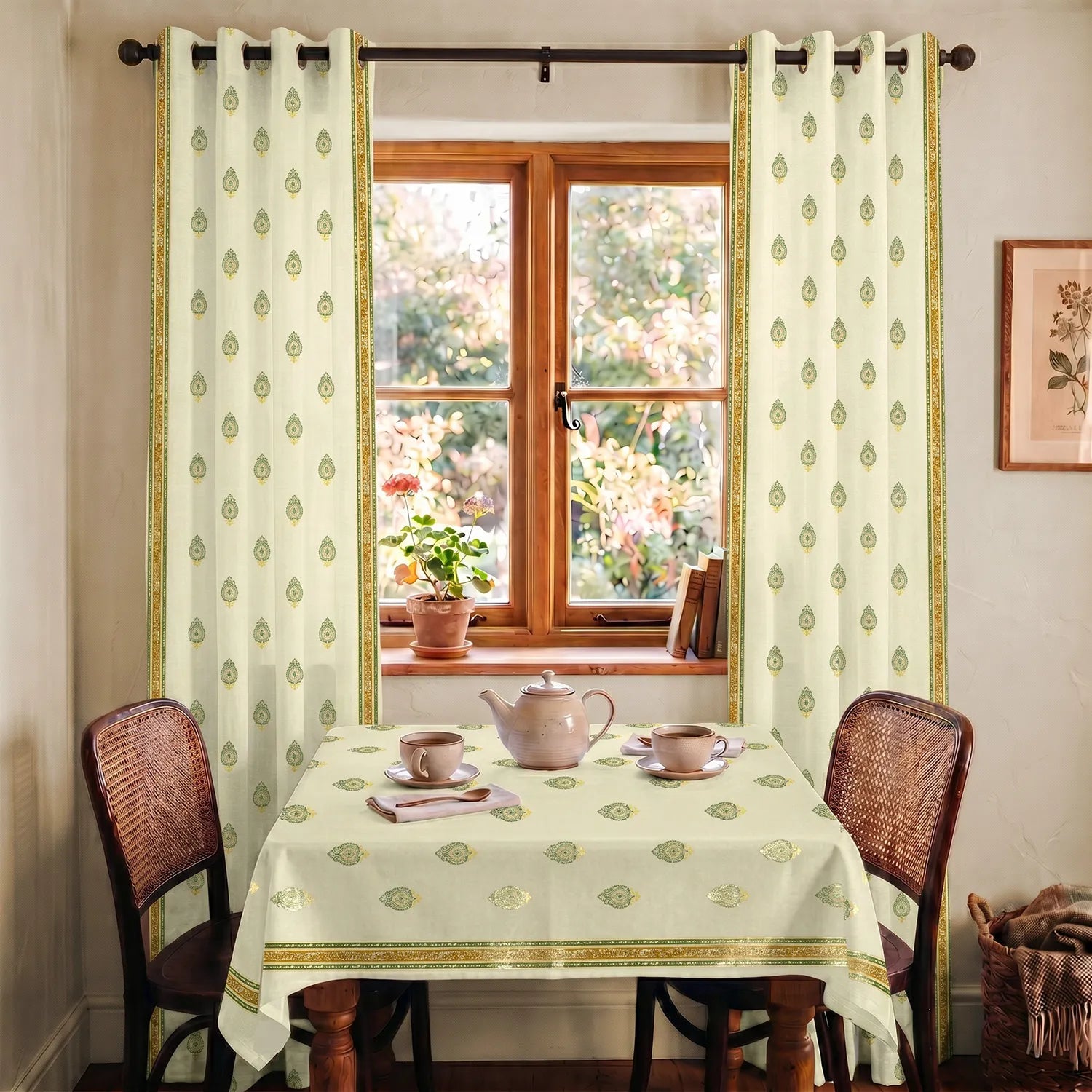 100% Cotton Pack of 2 Curtains & Table Cover Combo for Living Room - Zari Buta Sage Green Gold
