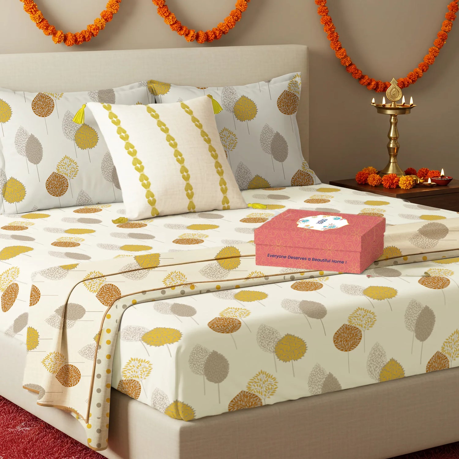 6 Pc Cotton Bedding Set in Gift Box, Drops Mustard