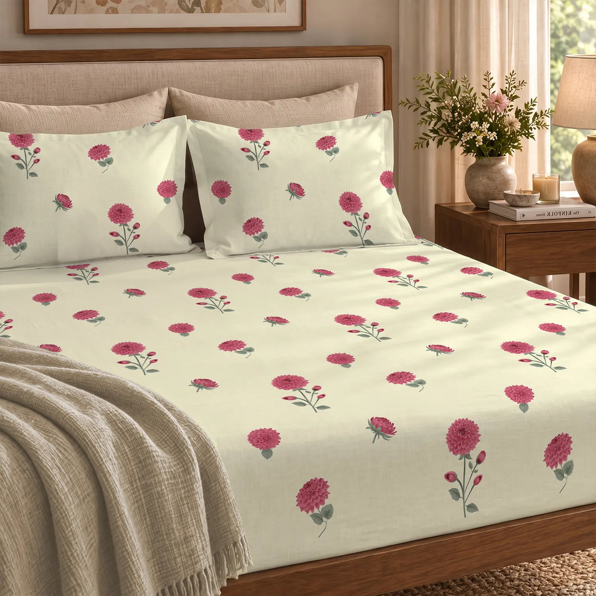 300 TC Cotton Percale Bedsheet with Pillow Covers - Postcard Home Pink
