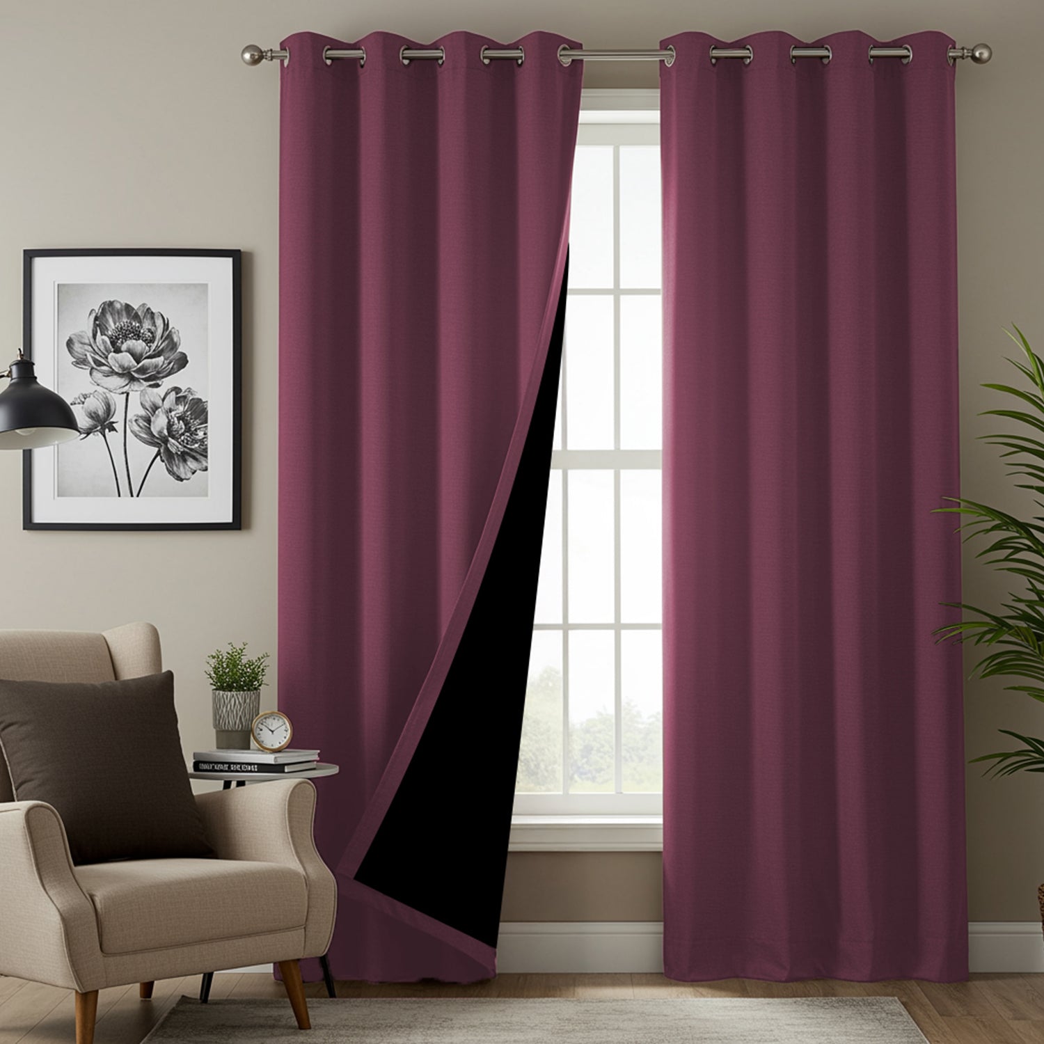 100% Blackout Curtains for Door and Window, Pack of 2 - Mauve