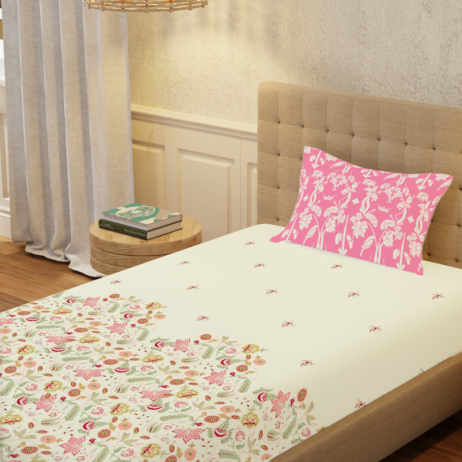 Serene 200 TC 100% Cotton Single Bedsheet with Pillow Covers - Vine Gardens Peach Pink