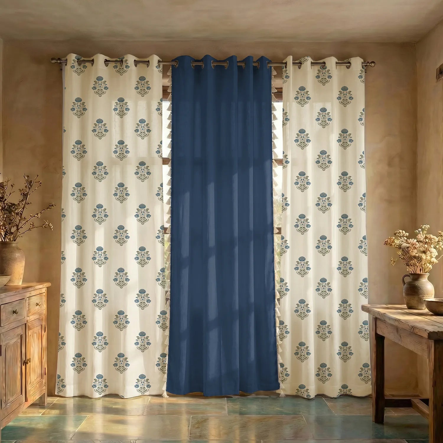 Cotton Curtains Combo, Set of 3 curtains, 60-65% Room Darkening Curtain - Liberty Blue & Aura Indigo
