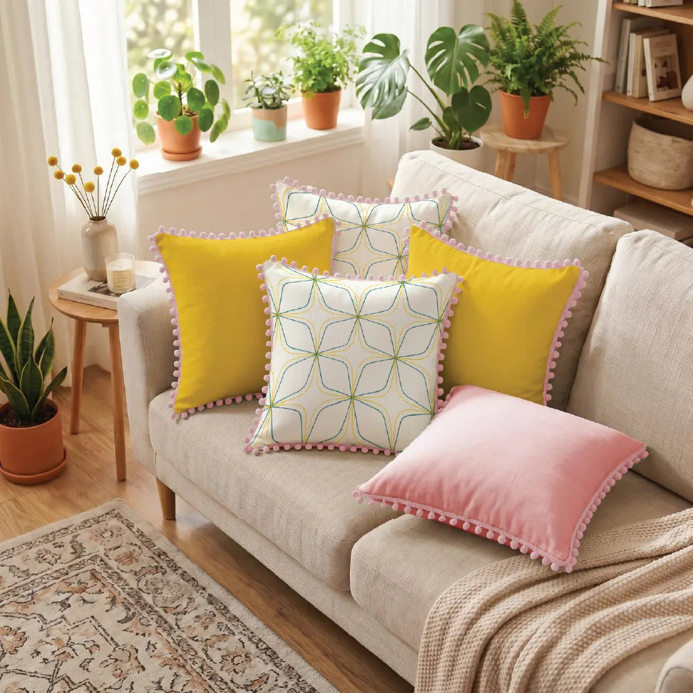 Festive Cushion Covers for Sofa & Couch, Set of 5 - Tahira, Aura Yellow & Pink with pom