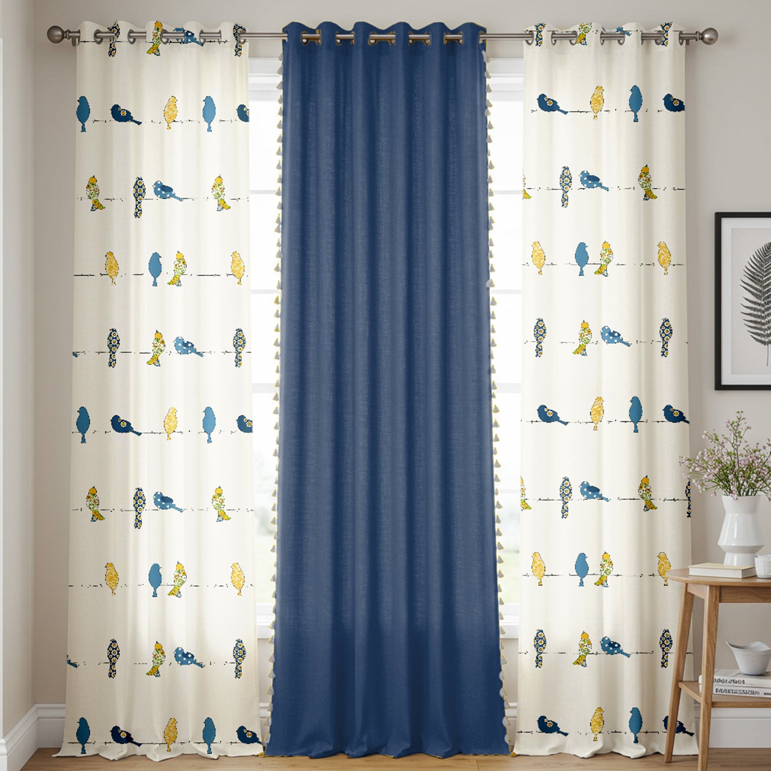 Cotton Curtains Combo, Set of 3 curtains, 60-65% Room Darkening Curtain - Humming Bird Blue & Aura Indigo