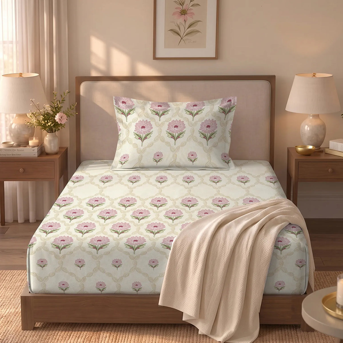 Serene 300 TC 100% Cotton Single Bedsheet with Pillow Covers - Heirloom Pink