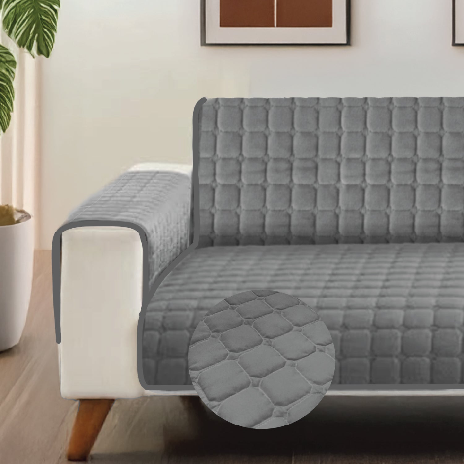 Quilted Microfiber Sofa Cover, Comes With Side Pockets & Strap, Washable - Grey