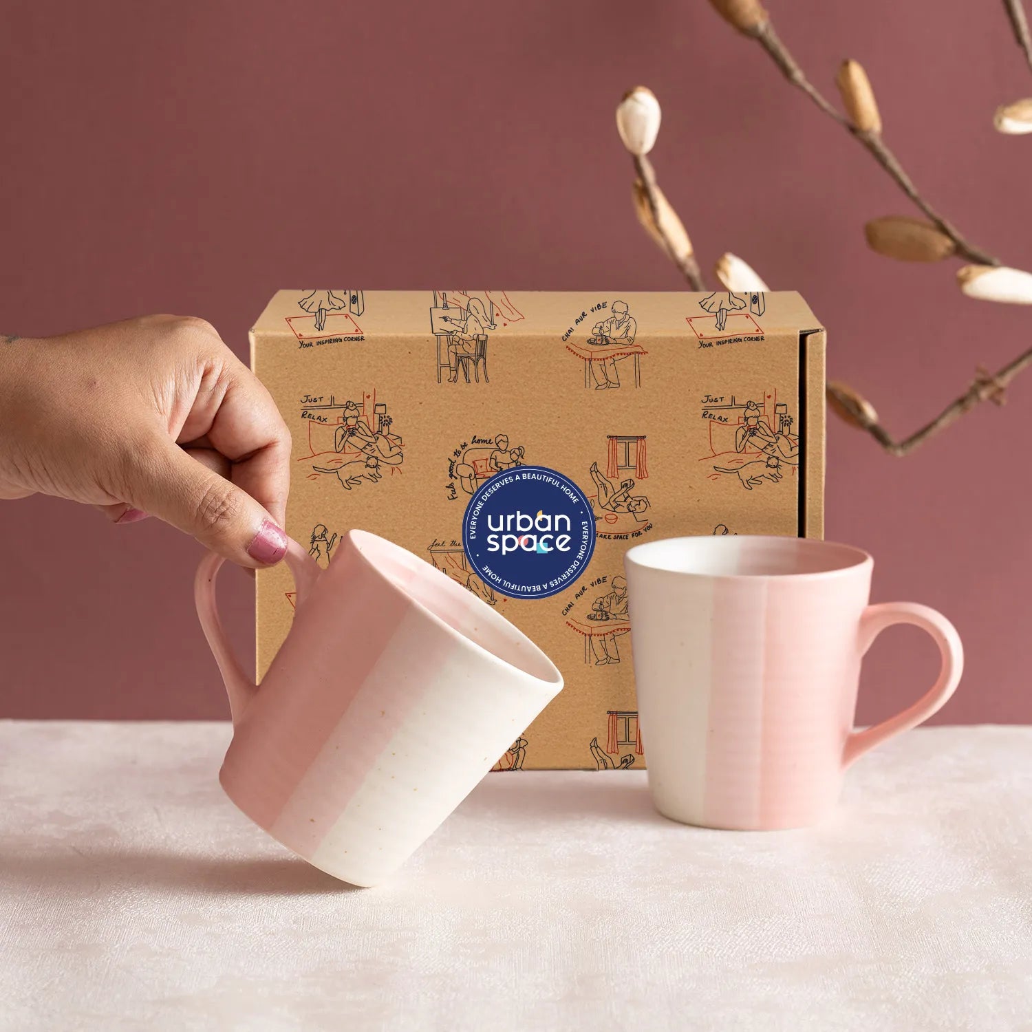 Set of 2 Handmade Ceramic Mugs for Tea & Coffee in a Gift Box - Pink & Pearl