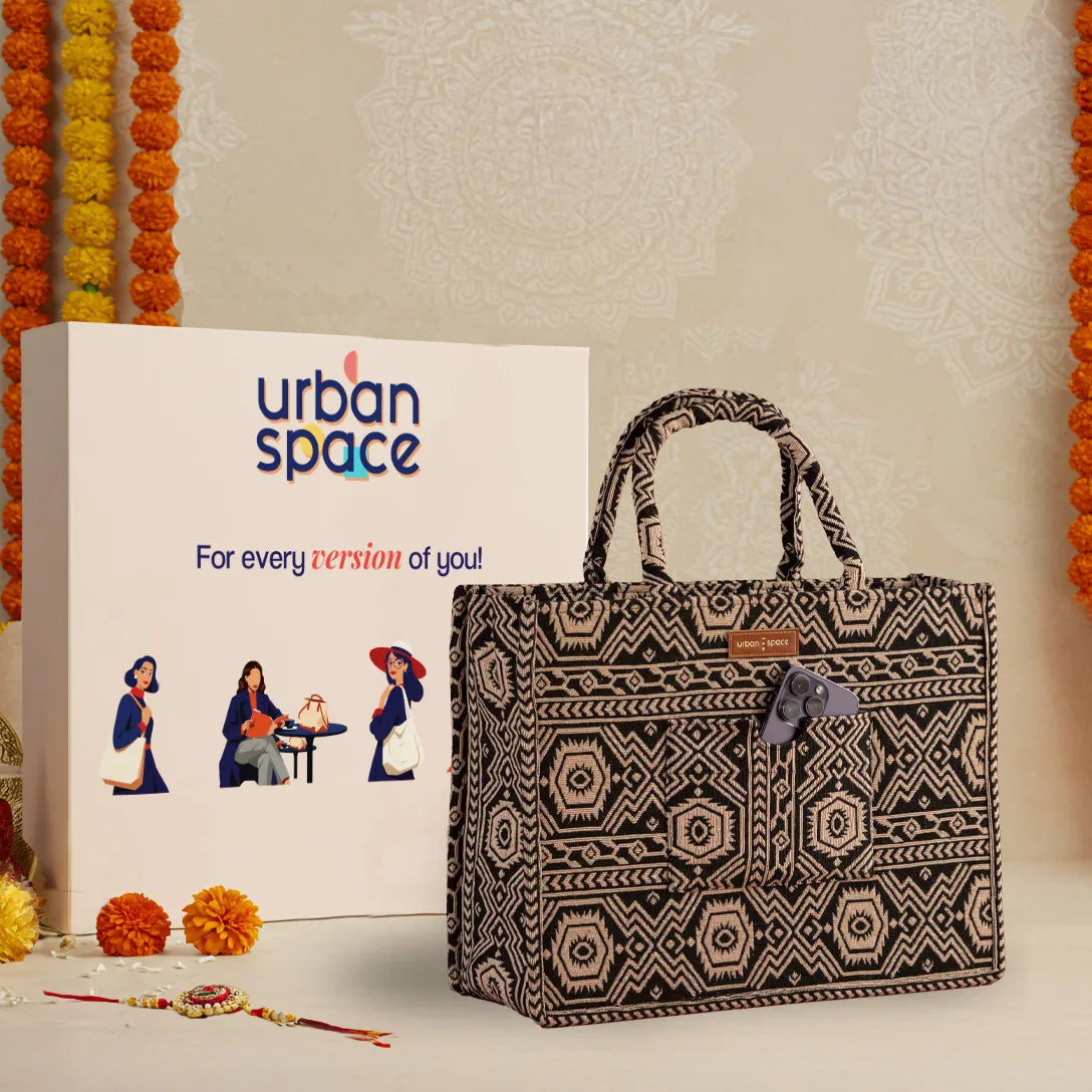Sustainable Office and Casual Travel Bag for her in Gift Box, Aztec Black