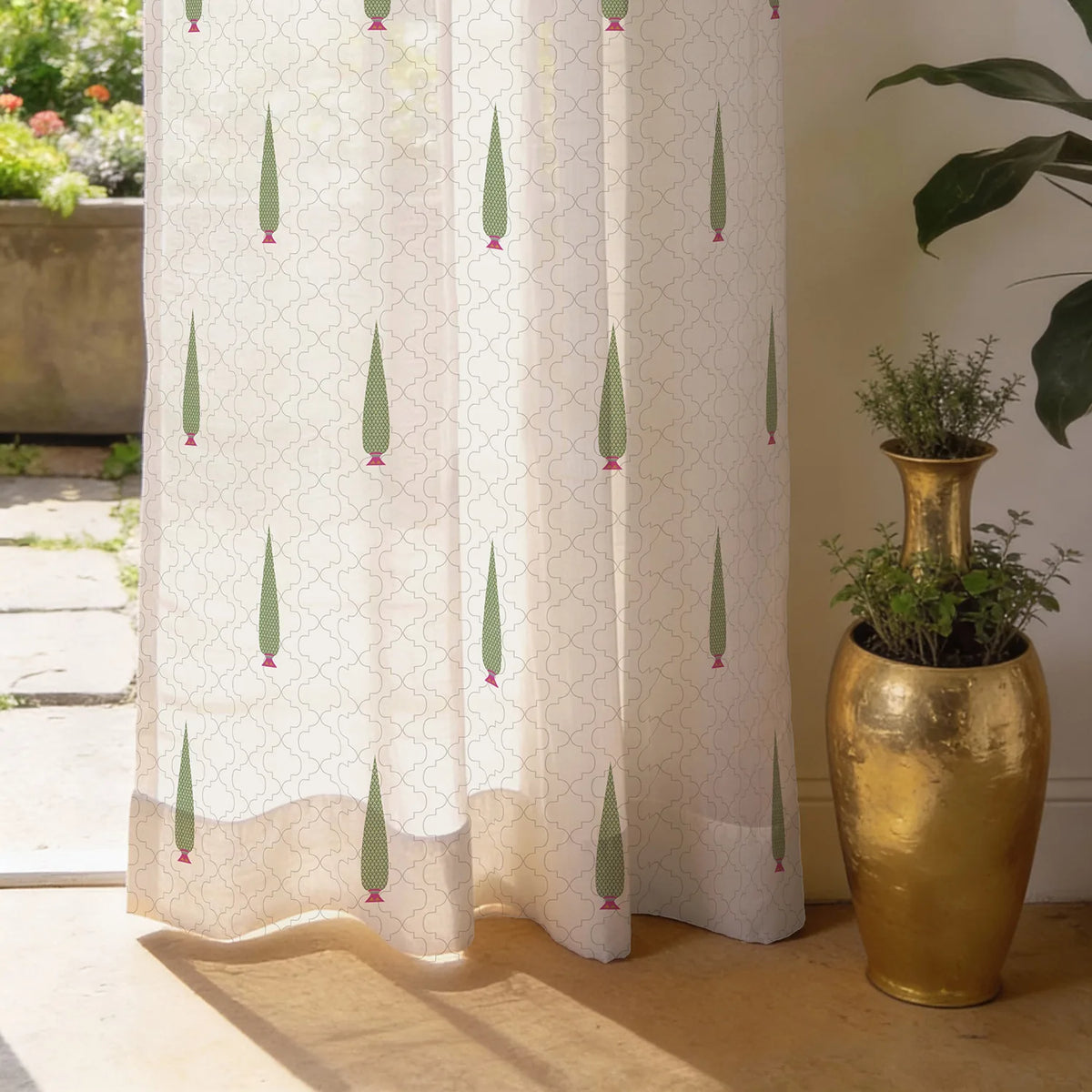 Printed Sheer Linen Curtains, Light Filtering, Pack of 2 Curtains - Pinewood