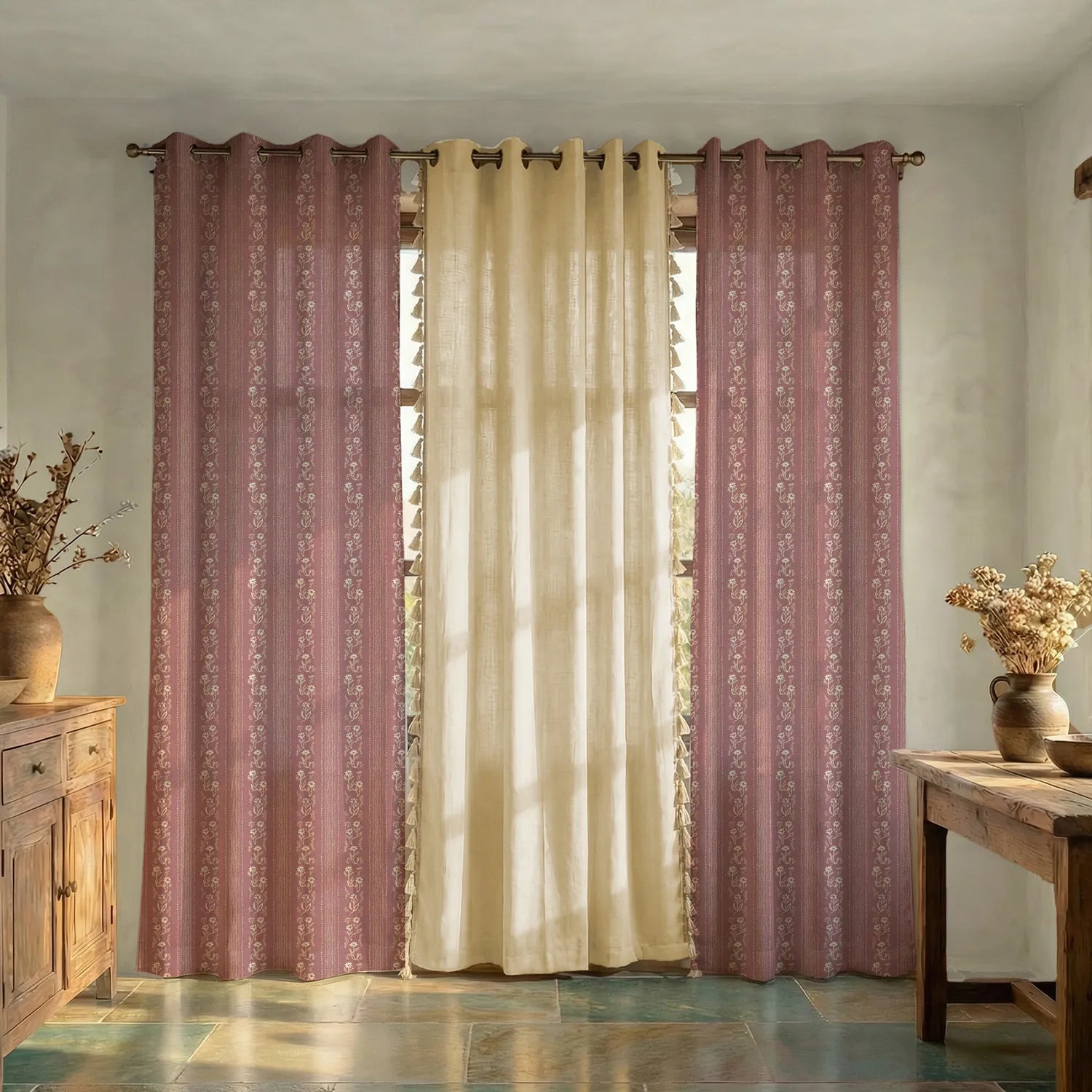 Cotton Curtains Combo, Set of 3 curtains, 60-65% Room Darkening Curtain - Garden Trail Mauve & Aura Beige