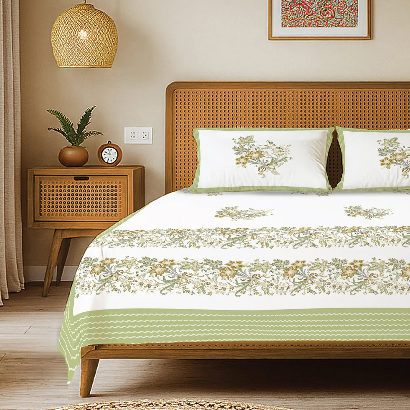 Rajasthani Ethnic 100% Cotton Bedsheet with 2 Pillow Covers, Double Bed - Taarini Green