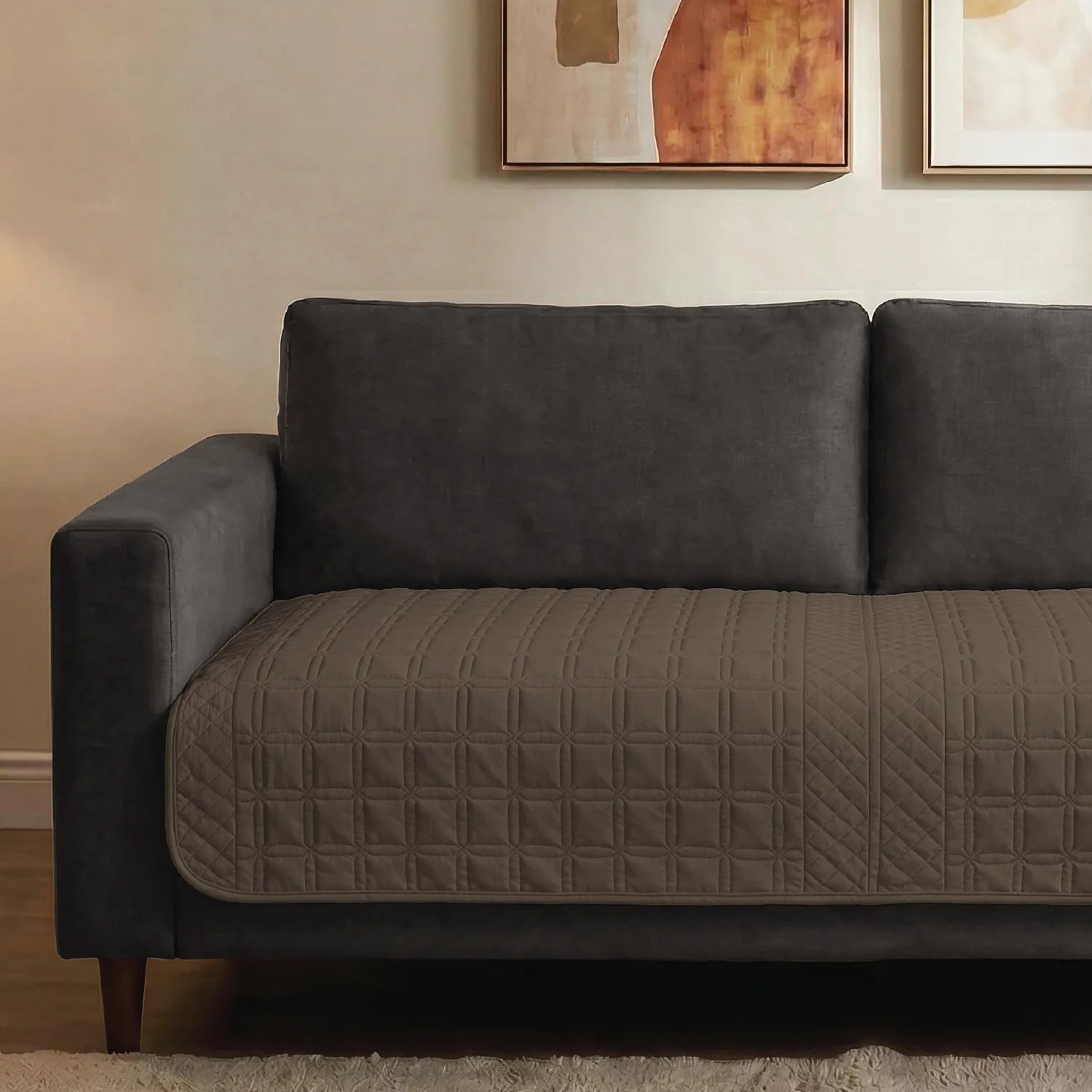 Anti Skid Quilted Velvet Sofa Mats, Box Grid - Cuboid Brown