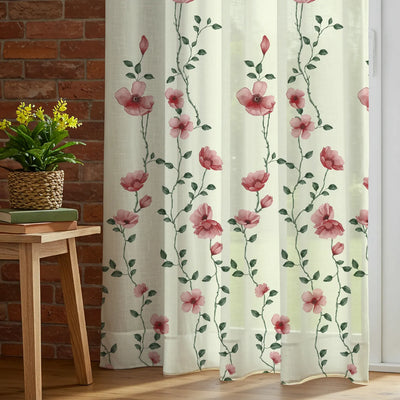 Sheer Curtains, Linen Textured & Digital Printed, Pack of 2 - Blush Vine