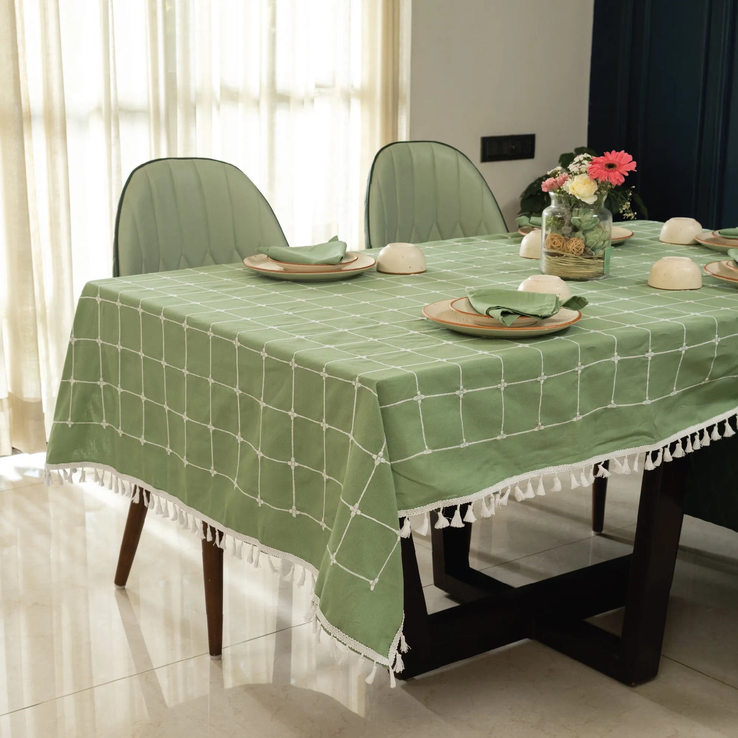 Embroidered Cotton Dining Table, 4 & 6 Seater Table Covers - Aura Checks Sage Green