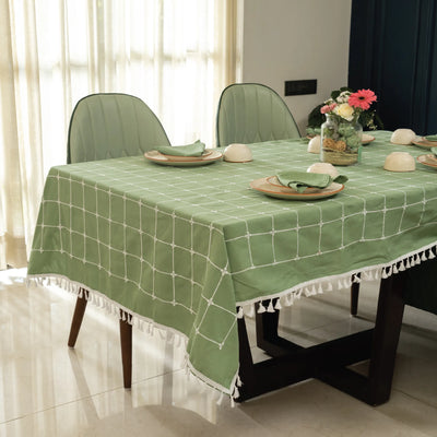 Embroidered Cotton Dining Table, 4 & 6 Seater Table Covers - Aura Checks Sage Green