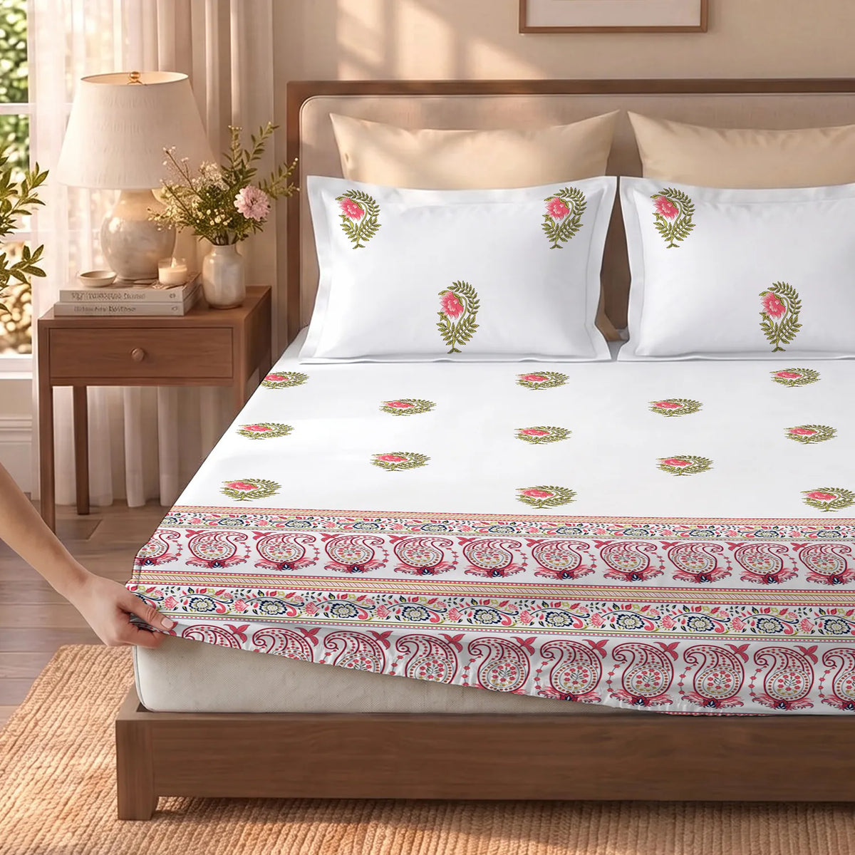 Fitted King Size 300TC Cotton Percale Bedsheet - Ethnic Motif - Pink