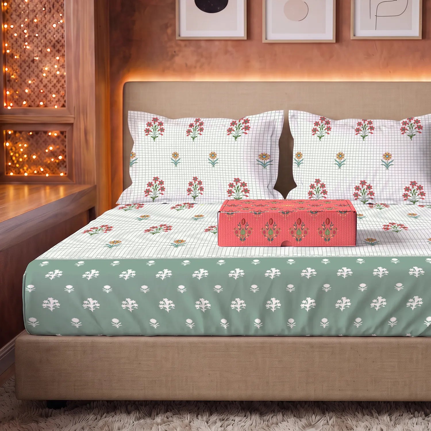 144 TC 100% Cotton Bedsheet Set in Gift Box - Magnolia Sage