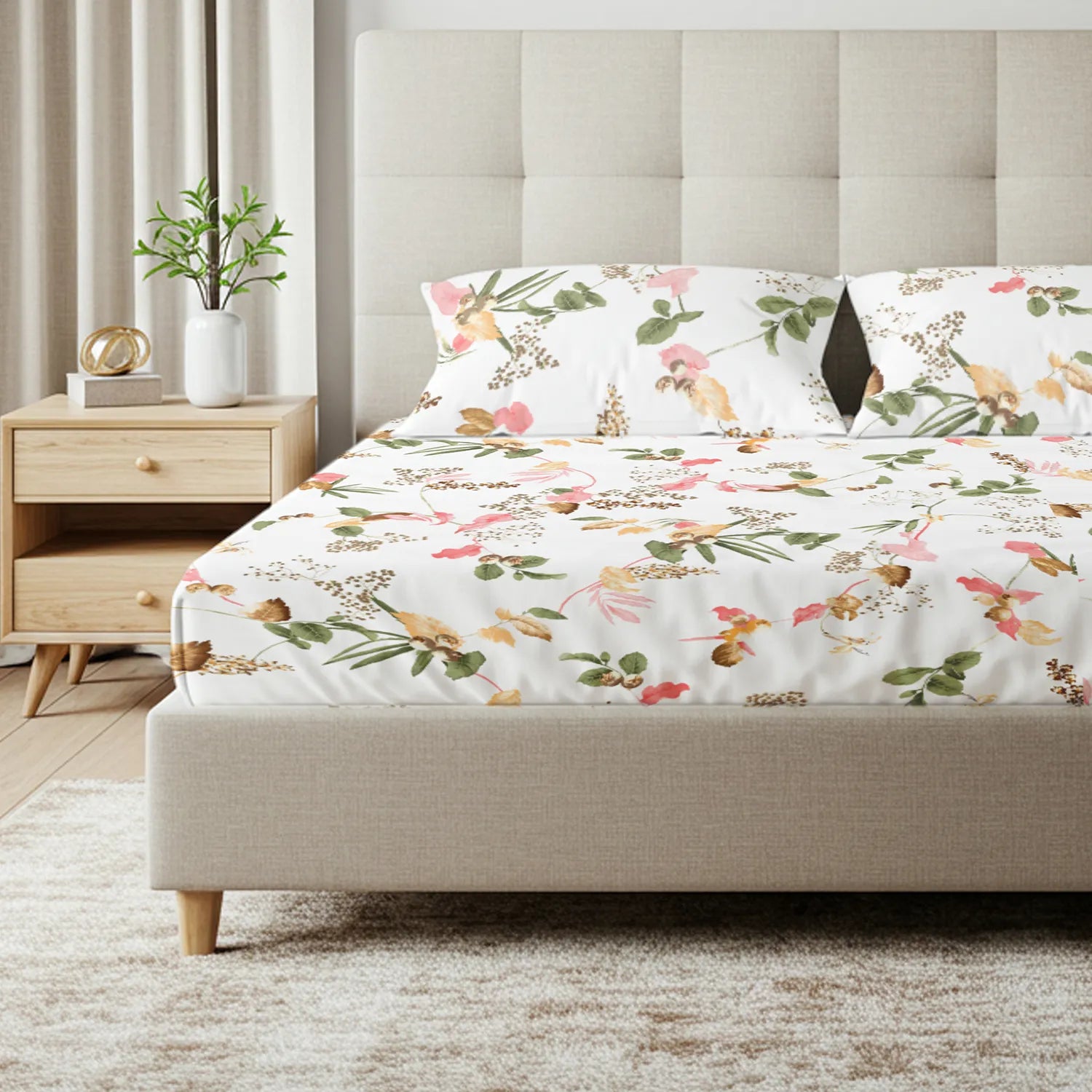 Fitted King Size Cotton Bedsheet - Cherry Blossom- Peach
