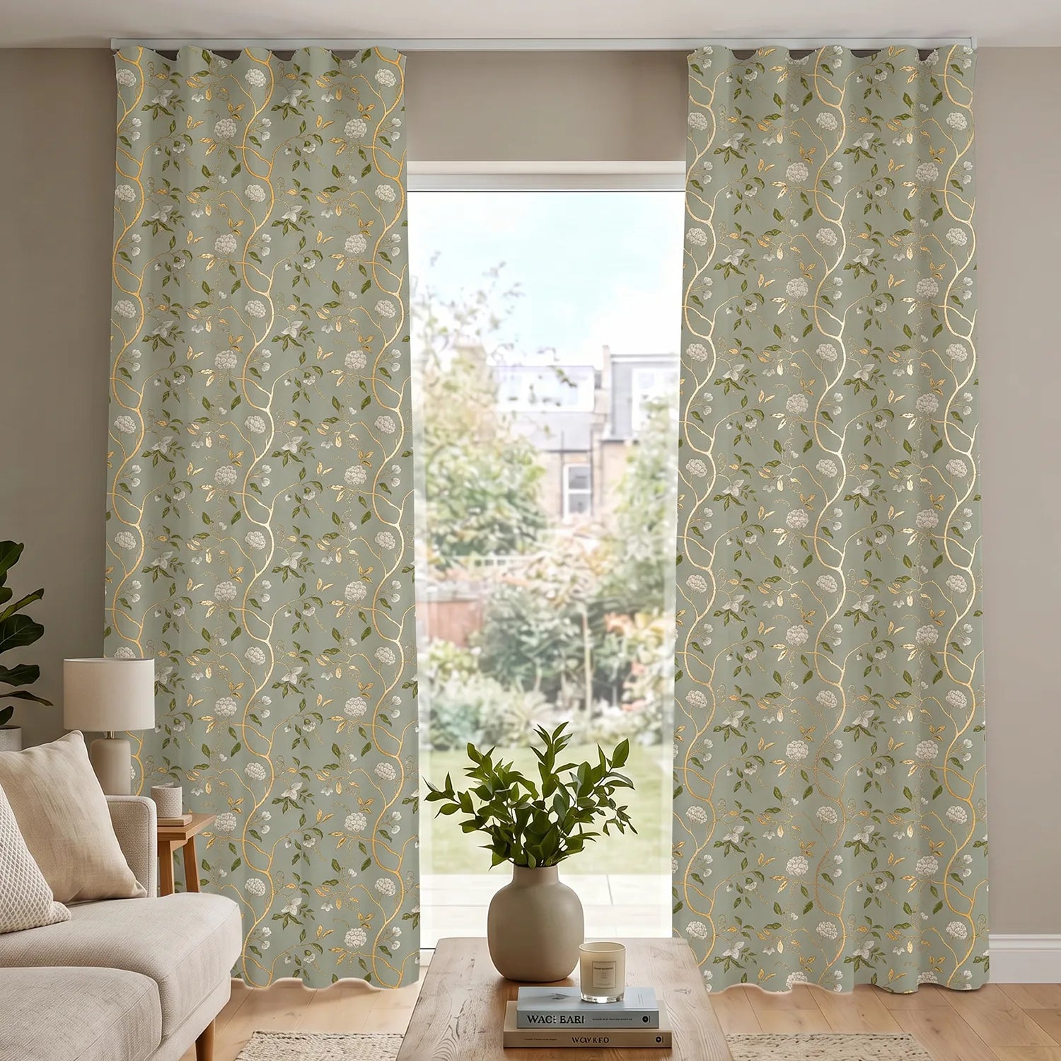 100% Cotton Curtains for Living Room, Bedroom curtains with Track Channel - Pack of 2 curtains, Zari Baagh Sage Green Gold