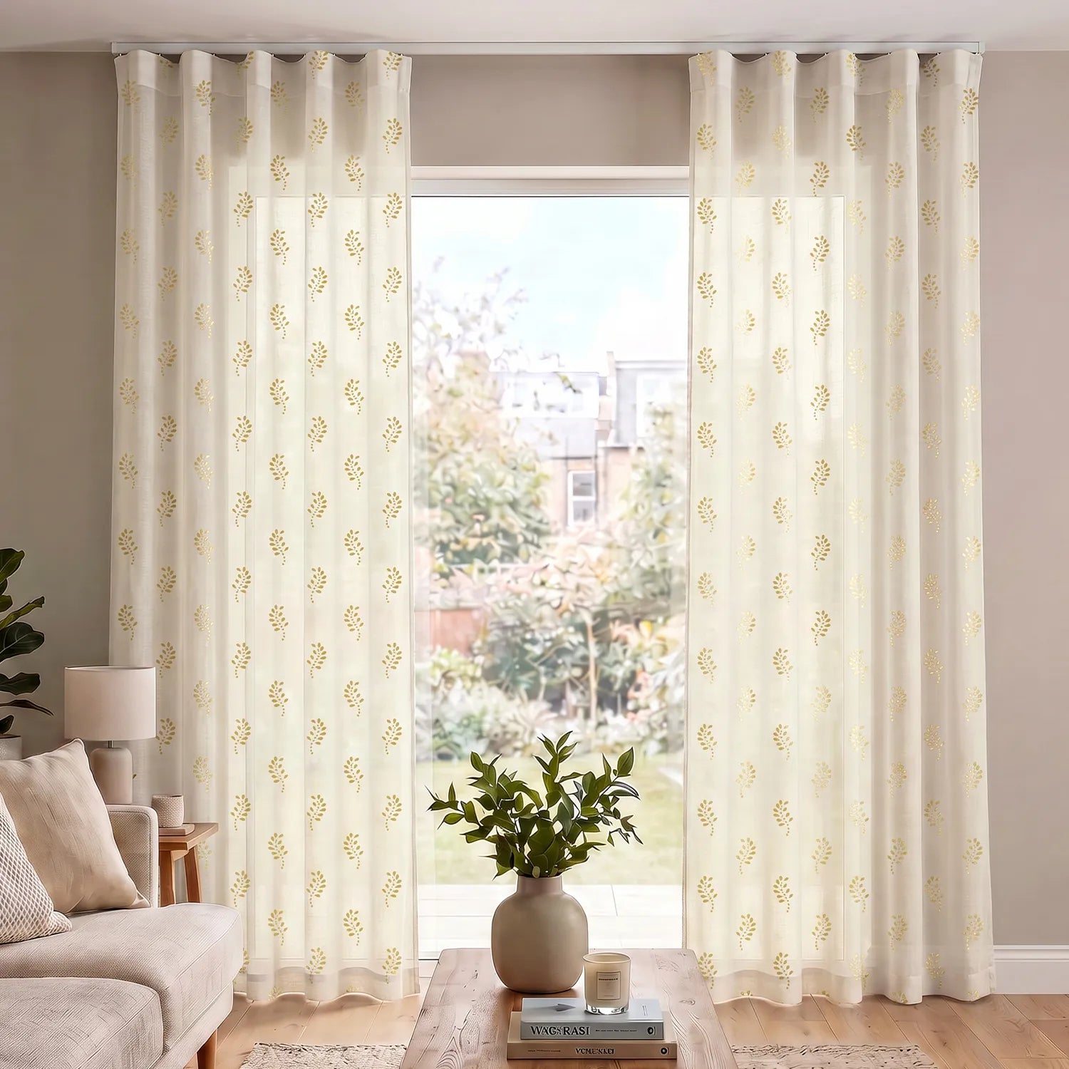 Linen Textured Metallic Gold Foil Sheer Curtains with Track Channel, Pack of 2 Curtains - Tara Buttercream