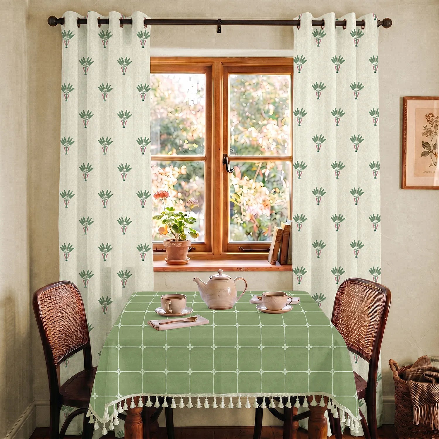 100% Cotton Pack of 2 Curtains & Table Cover Combo for Living Room - Palm Lagoon Green