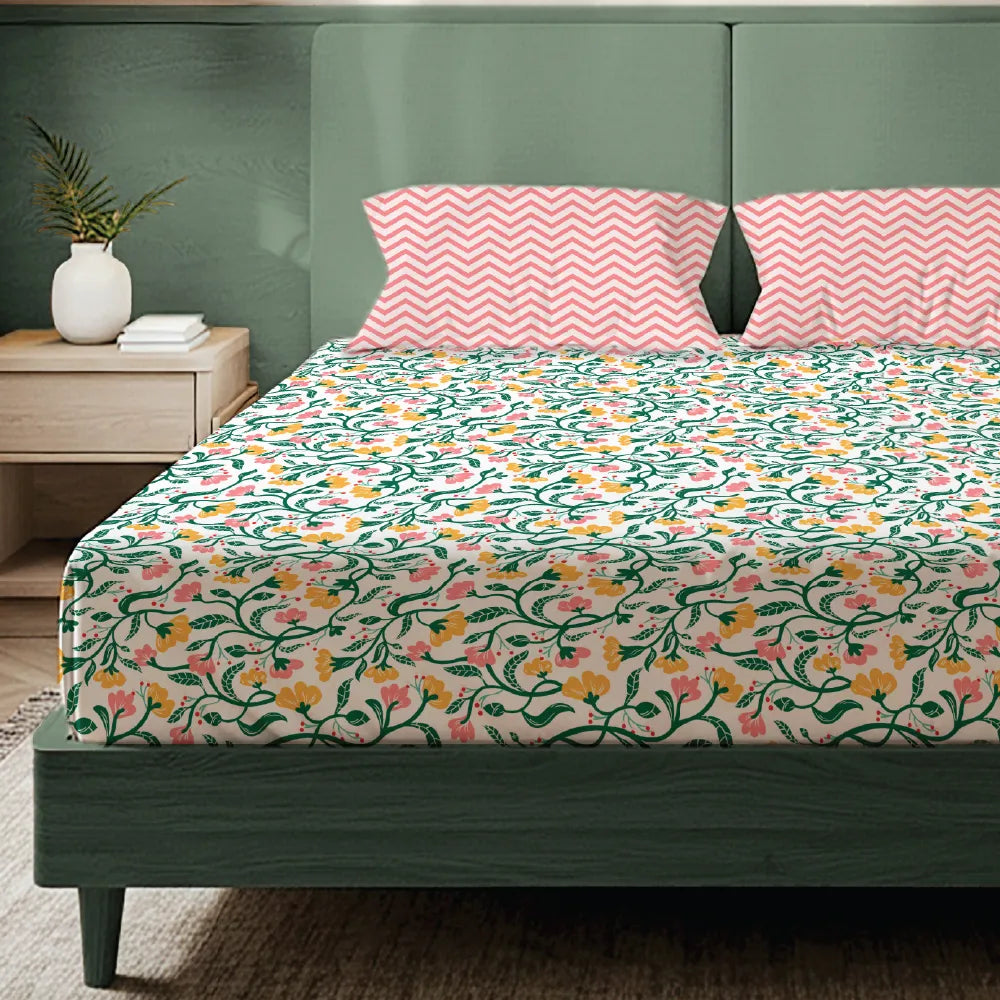 200 TC Glaced Cotton Microfiber Bedsheet with Pillow Covers - Kashmir