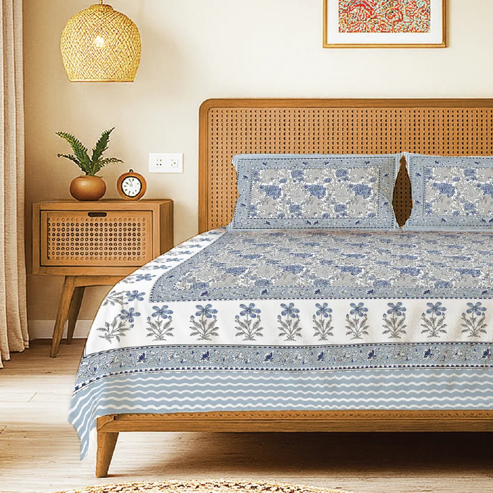 Rajasthani Ethnic 100% Cotton Bedsheet with 2 Pillow Covers, Double & King Bed - Rangrez Blue
