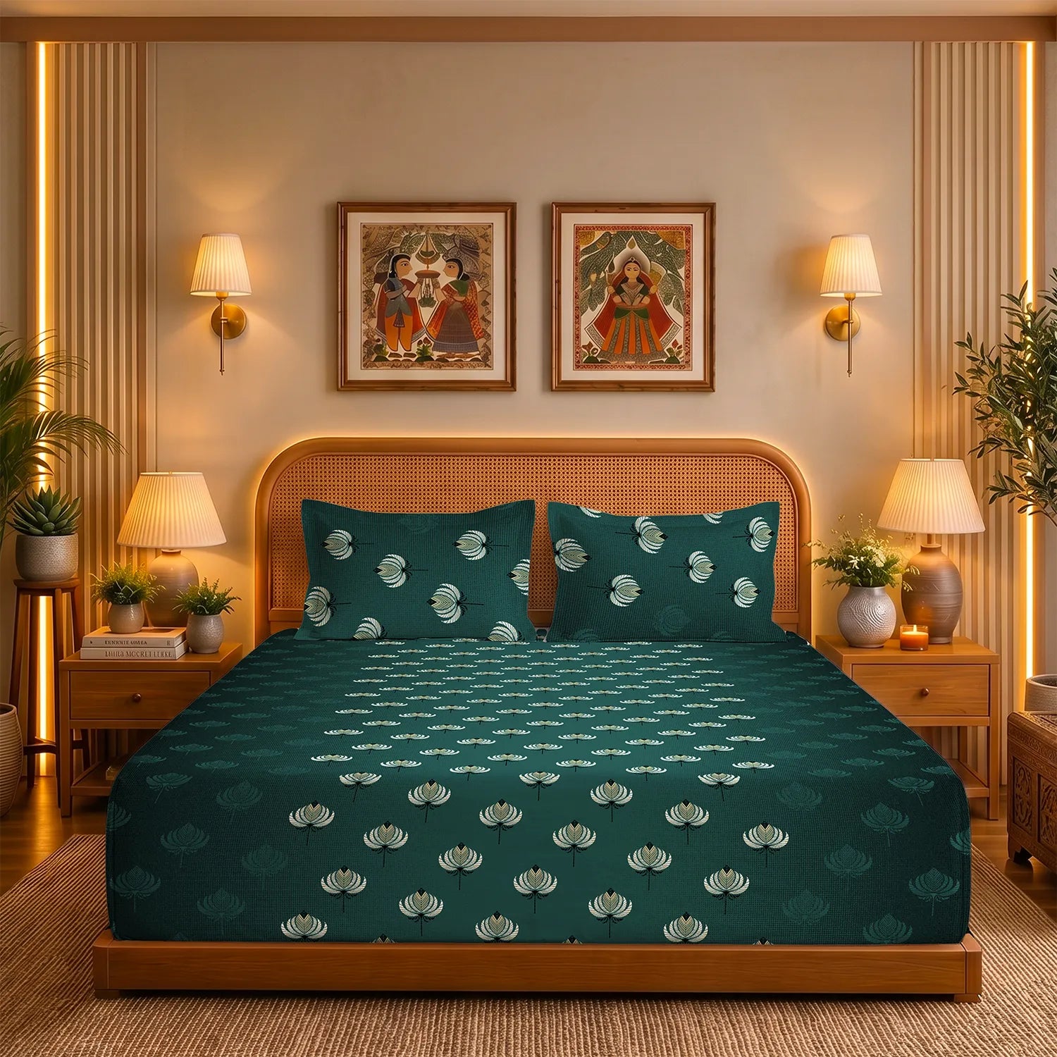 Serene 200 TC 100% Cotton Bedsheet with Pillow Covers - Midnight Lotus Deep Jade Green