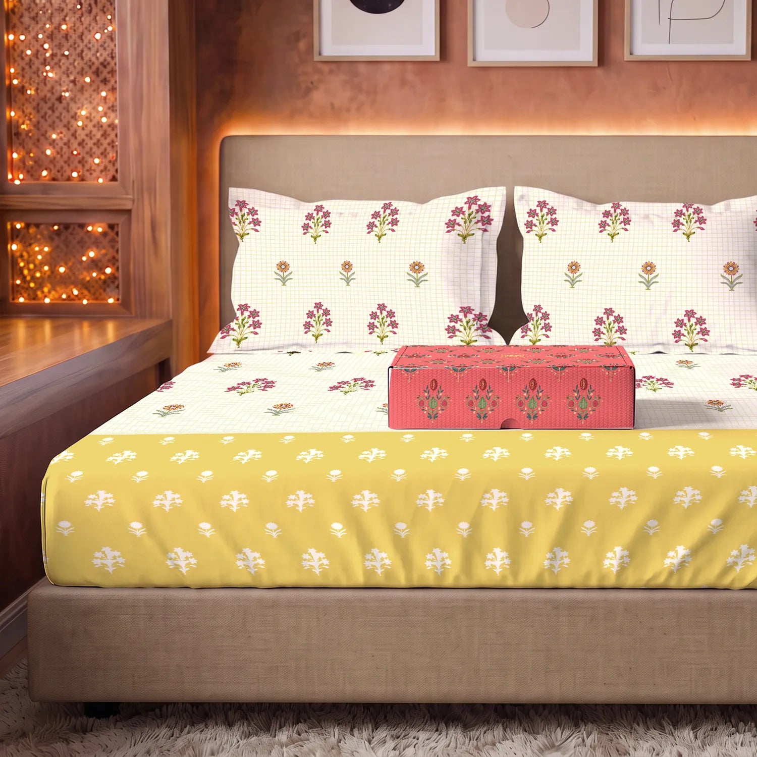 144 TC 100% Cotton Bedsheet Set in Gift Box - Magnolia Yellow
